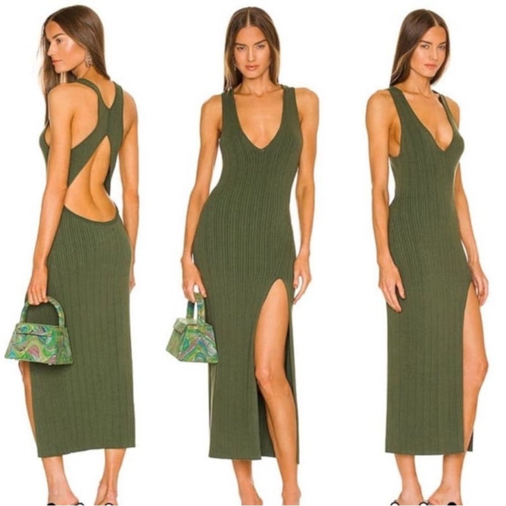 Michael Costello x Revolve Variegated Rib Bodycon Dress Olive Green Size Small